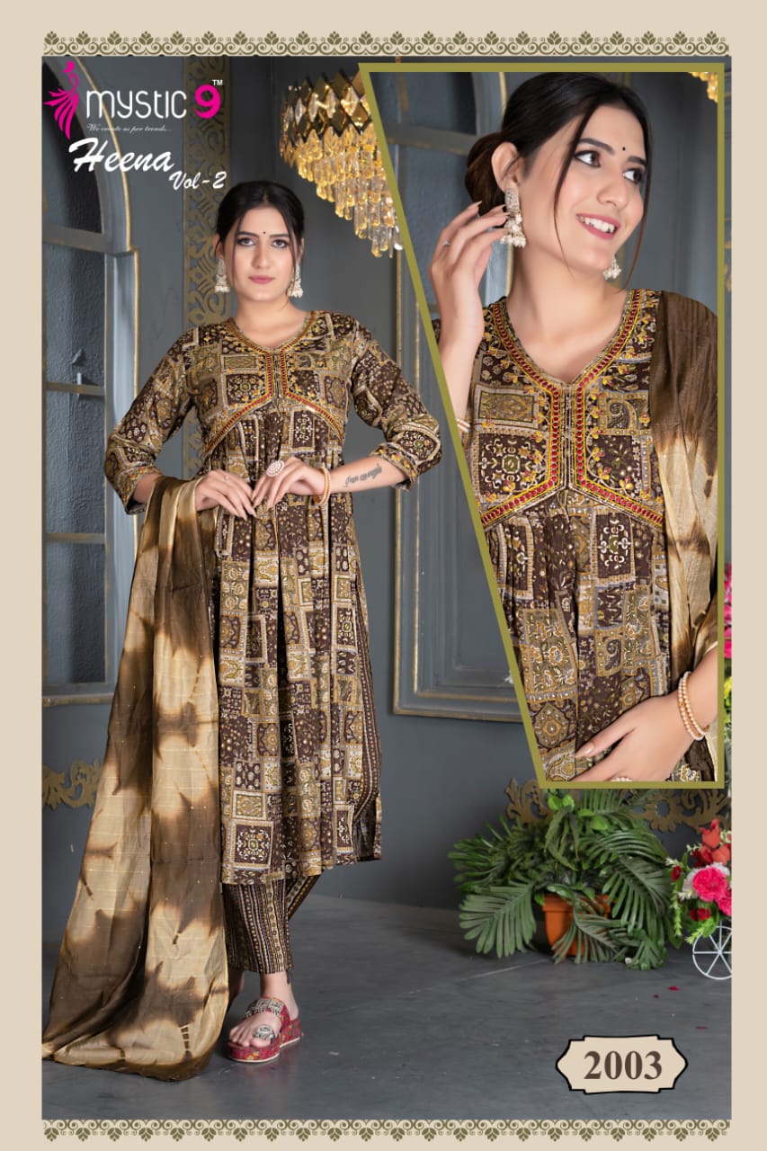 Heena Vol 2 By Mystic 9 Rayon Printed Embroidery Kurti With Bottom Dupatta Wholesale Shop In Surat